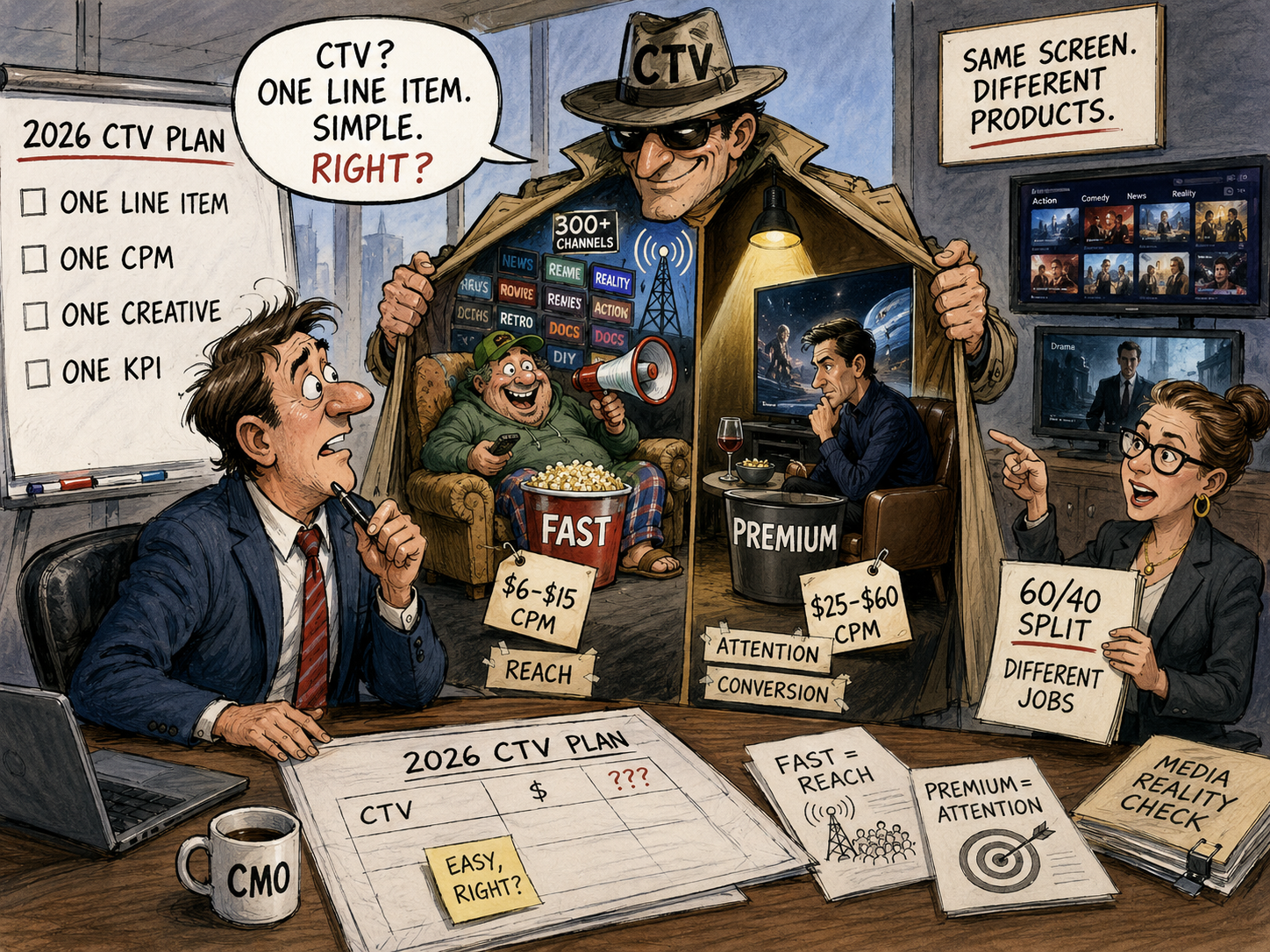 Cartoon: a CMO learns that CTV is not one line item — FAST inventory ($6–15 CPM, reach) and premium inventory ($35–60 CPM, attention) do different jobs.