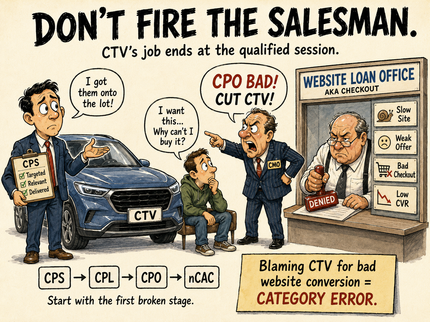 Cartoon: "Don't fire the salesman" — CTV's job ends at the qualified session; blaming CTV for bad website conversion is a category error. Funnel: CPS, CPL, CPO, nCAC.