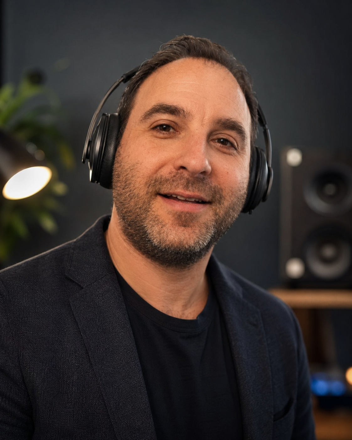 Aryeh S., creative and strategy lead at CS & Co., wearing headphones in the studio