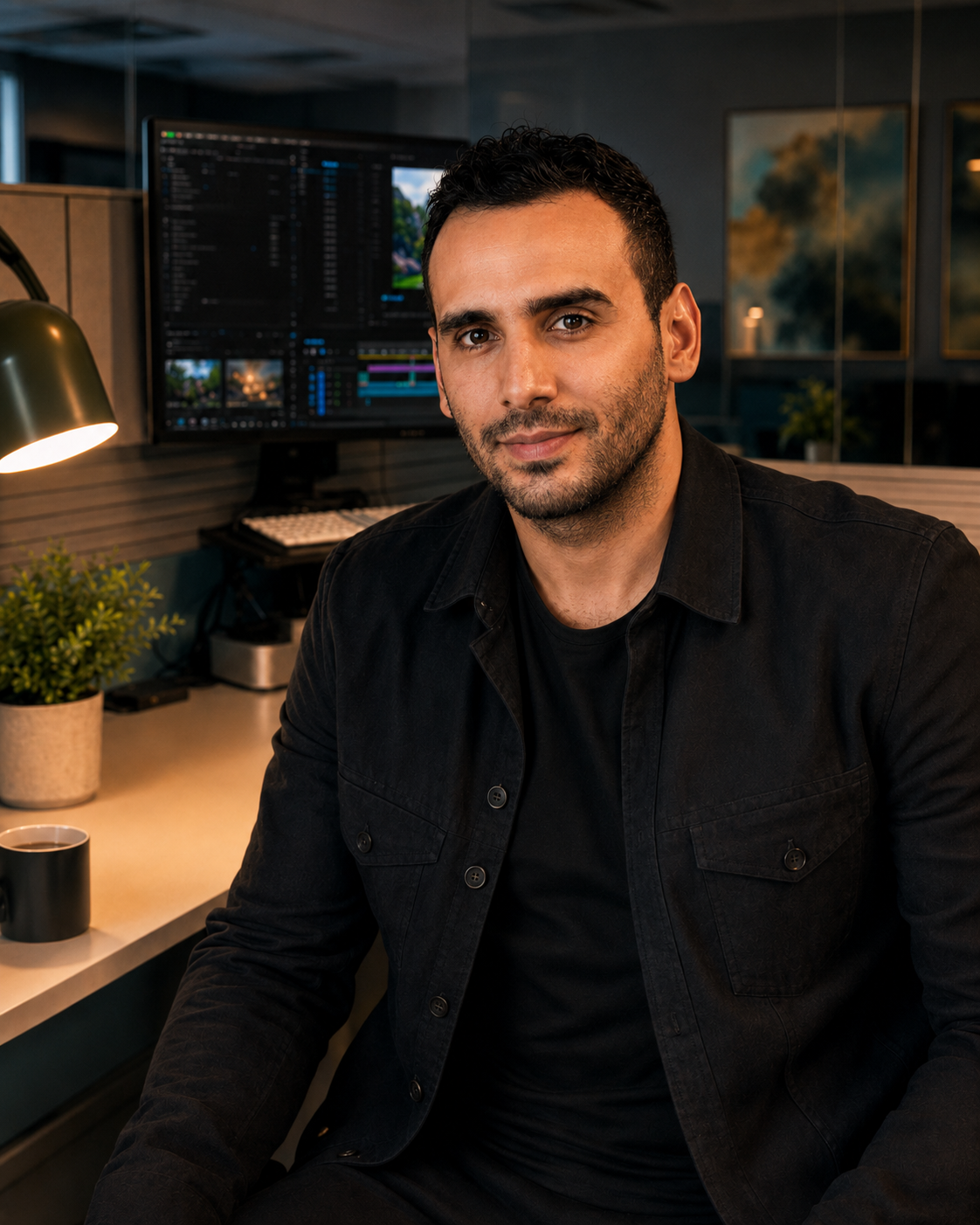 Damian S., post-production editor at CS & Co., at an editing workstation