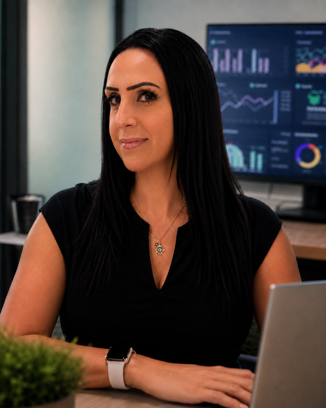 Kristen T., data and analytics lead at CS & Co., at a desk with a reporting dashboard behind her